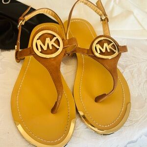Michael Kors Tan and Gold Logo Sandals